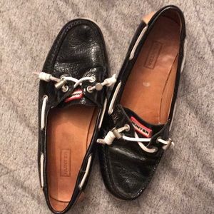 Patent leather and suede Hunter rain slides